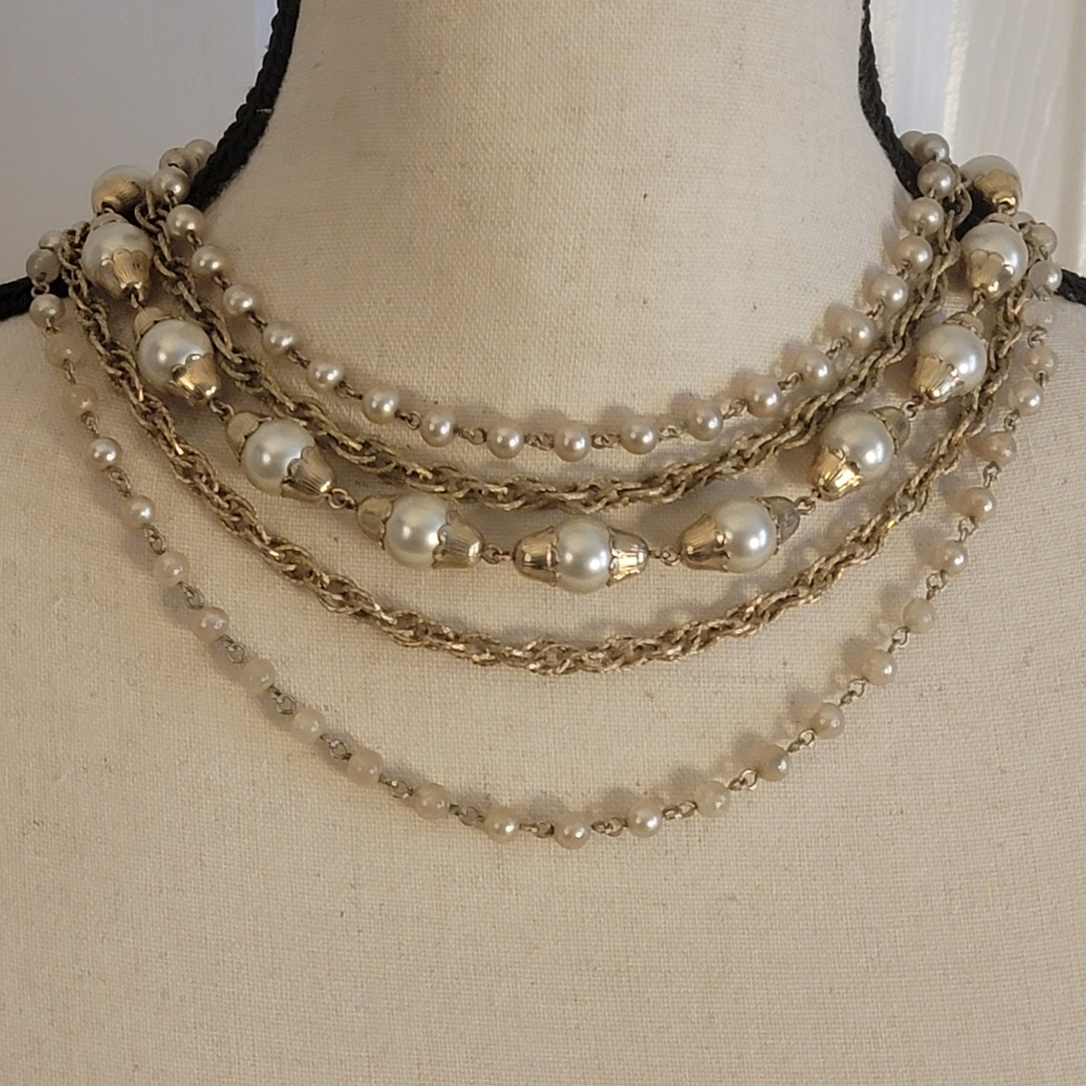Vintage Coro 5 Strand Faux Pearl Gold Tone Chain Bib Necklace Signed